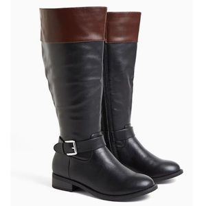 BLACK FAUX LEATHER TWO TONE BUCKLE KNEE-HIGH BOOT